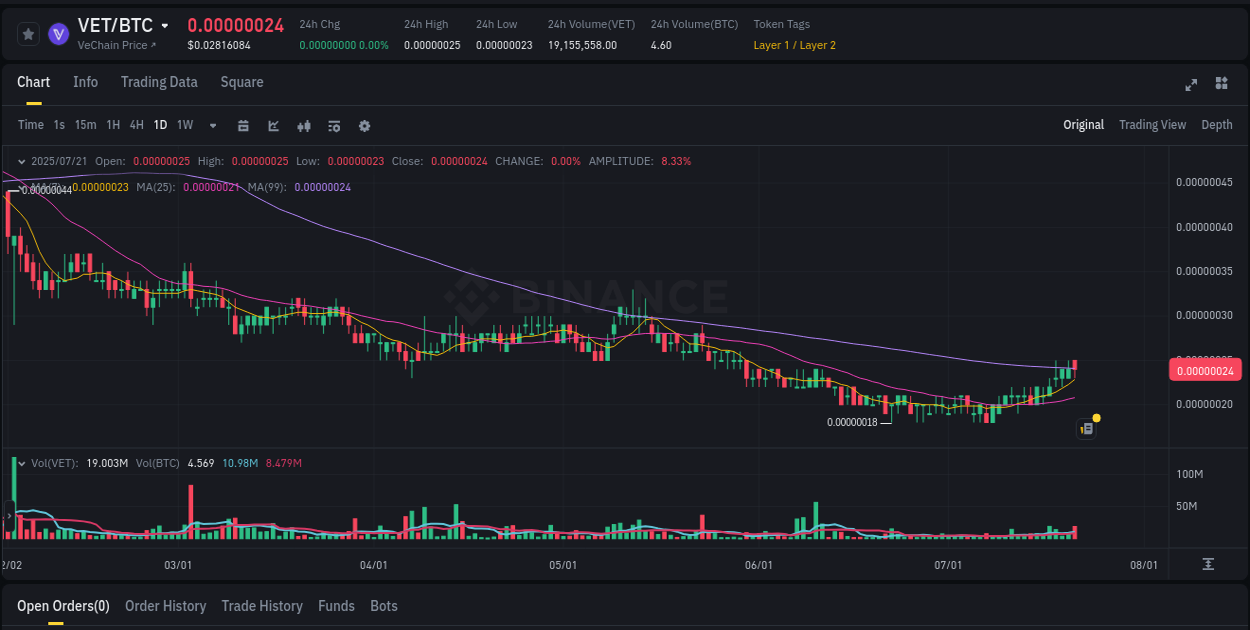 Price discovery insights: VET rally on Binance, 22 July 2025, 01:02 Crypto pump report: VET on Binance, 22 July 2025, 01:02