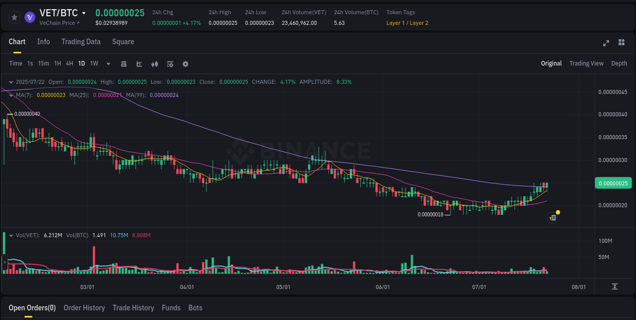 Catalyst analysis: VET surge breakdown on Binance, 22 July 2025, 04:42 Price momentum: VET bullish wave on Binance, 22 July 2025, 04:42