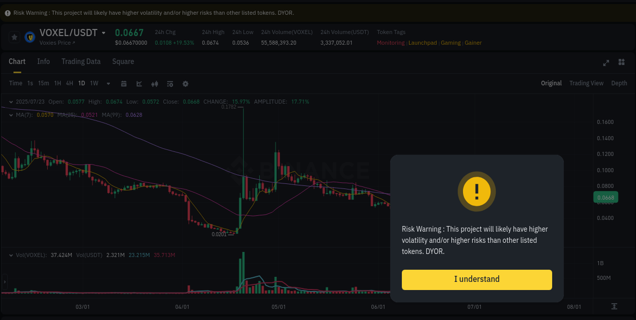 VOXEL trading report showing pump trends on Binance, 23 July 2025, 05:50