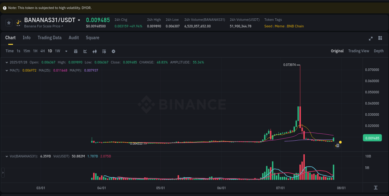 BANANAS31 price surge report from Binance, timestamp: 28 July 2025, 19:20