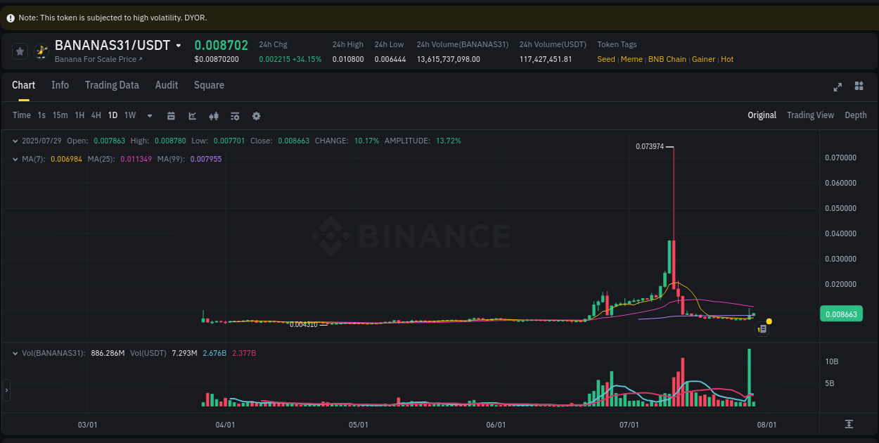 Crypto trading report: BANANAS31 pump on Binance, 29 July 2025, 03:36 Crypto trading report: BANANAS31 pump on Binance, 29 July 2025, 03:36