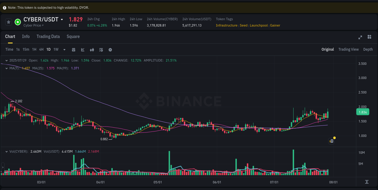 Explore the crypto pump report for CYBER on Binance, 29 July 2025, 12:02 Crypto market report: CYBER pump on Binance, 29 July 2025, 12:02