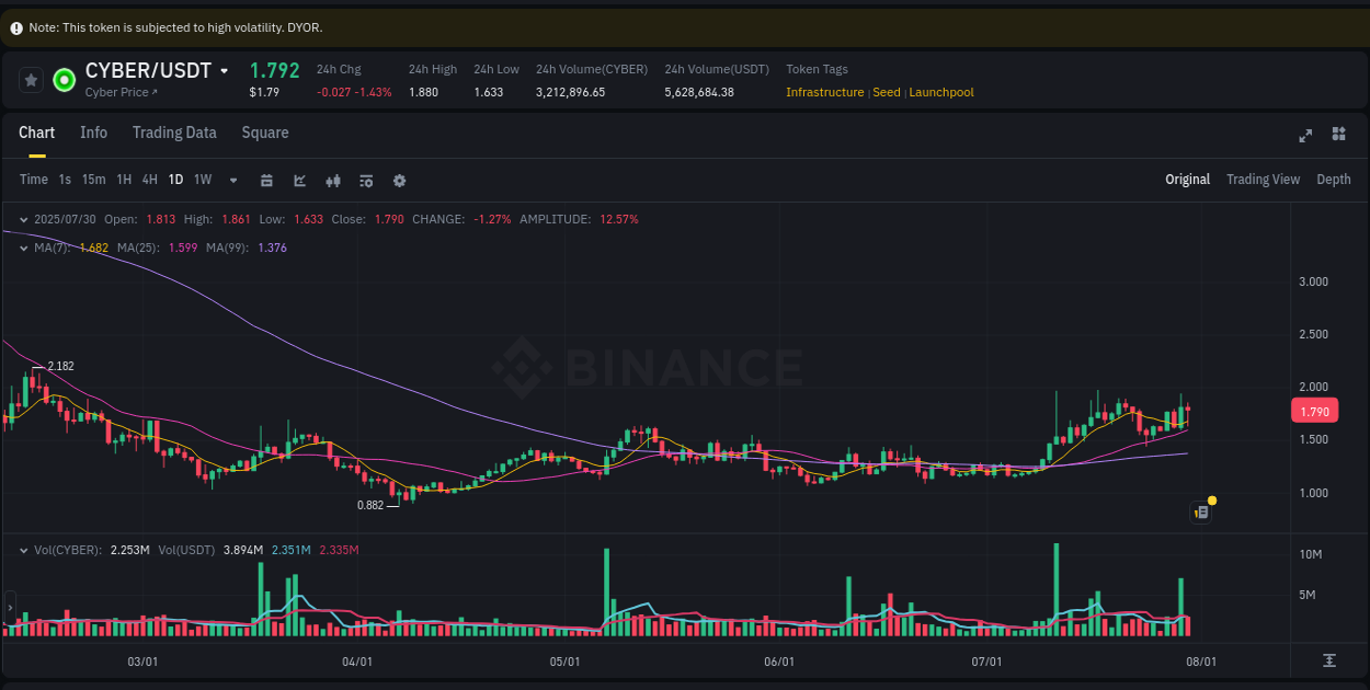 Crypto pump insights for CYBER on Binance, 30 July 2025, 21:54