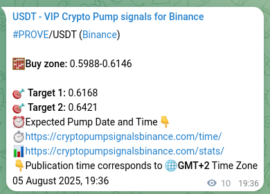 Explore the crypto trading signal verification for PROVE pump on Binance, 05 August 2025, 19:56 Crypto trading signal verification: PROVE pump on Binance, 05 August 2025, 19:56