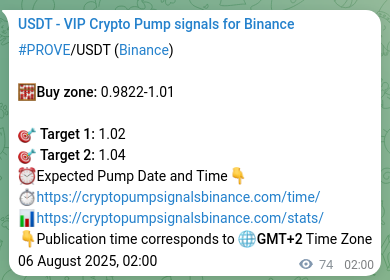 Explore the crypto trading signal verification for PROVE pump on Binance, 06 August 2025, 04:02 Crypto trading signal verification: PROVE pump on Binance, 06 August 2025, 04:02