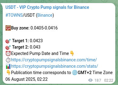 Access the Binance pump signal confirmation for TOWNS at 06 August 2025, 07:32 Binance pump signal confirmation for TOWNS at 06 August 2025, 07:32