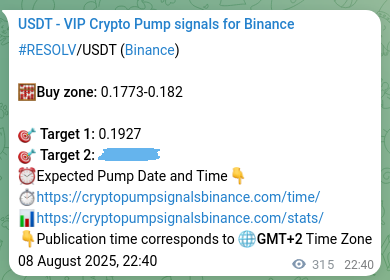 Crypto pump signal analytics for RESOLV on Binance, 09 August 2025, 07:23 Crypto pump signal analytics for RESOLV on Binance, 09 August 2025, 07:23
