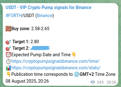 Verify the crypto pump signal for FORTH on Binance, 09 August 2025, 11:42 Crypto pump signal verification for FORTH on Binance, 09 August 2025, 11:42