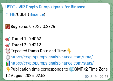 Trading signal proof: THE pump from Binance, 13 August 2025, 02:31