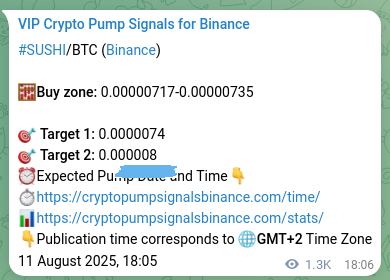 View the proof of SUSHI pump signal on Binance at 13 August 2025, 05:04 Binance pump signal proof for SUSHI on 13 August 2025, 05:04