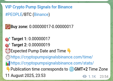Crypto trading signal proof: PEOPLE pump on Binance, 13 August 2025, 05:35 Binance pump signal proof for PEOPLE on 13 August 2025, 05:35