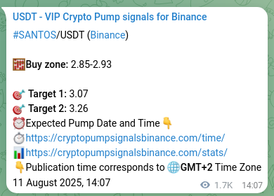 Crypto signal proof: SANTOS pump on Binance, 13 August 2025, 12:04