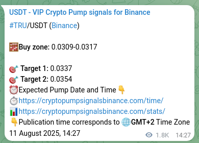 Binance pump signal data for TRU at 13 August 2025, 16:52