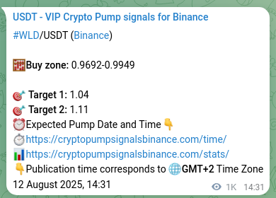 Verification image for WLD pump signal on Binance at 13 August 2025, 19:37