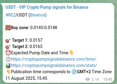 Crypto trading signal proof: REZ pump on Binance, 14 August 2025, 01:36