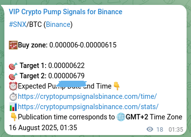Crypto trading signal proof: SNX pump on Binance, 16 August 2025, 02:05