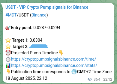 Binance pump signal data for MDT at 19 August 2025, 08:19