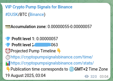 Signal verification: Confirm DUSK pump on Binance at 19 August 2025, 11:57 Binance pump signal proof for DUSK on 19 August 2025, 11:57