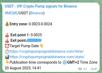 Proof of MEME pump signal on Binance at 20 August 2025, 16:32