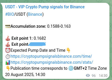 Binance trading signal proof for BIO pump, 20 August 2025, 17:08