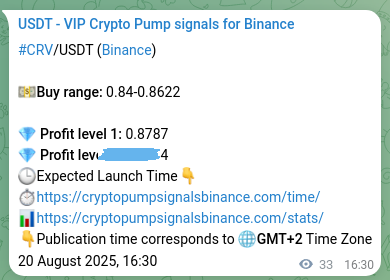 Trading signal proof: CRV pump from Binance, 20 August 2025, 17:22