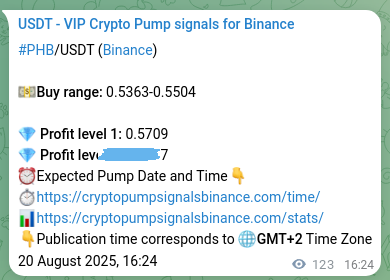 Authenticated proof of PHB's pump signal on Binance, 20 August 2025, 19:46