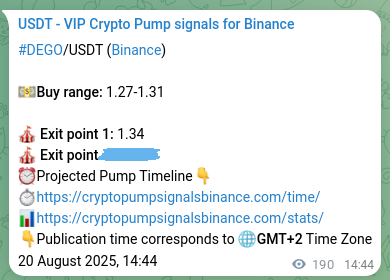 Crypto pump signal confirmation: DEGO on Binance, 20 August 2025, 20:01