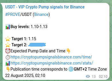 Authenticated proof of PROVE's pump signal on Binance at 22 August 2025, 02:29