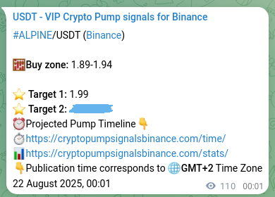 Crypto pump signal proof: ALPINE on Binance, 22 August 2025, 03:03