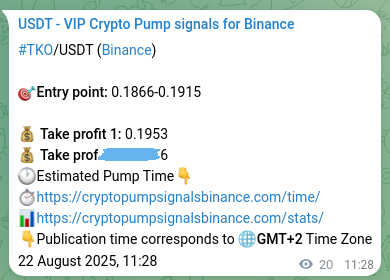 Authenticated TKO pump signal on Binance, 22 August 2025, 12:02