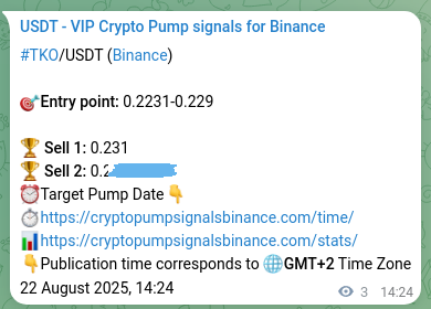 Market signal proof: TKO pump from Binance, 22 August 2025, 14:29