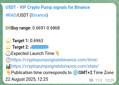RAD pump verification image from Binance, 22 August 2025, 15:28