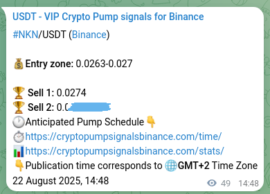 Binance trading signal confirmation for NKN pump, 22 August 2025, 16:08