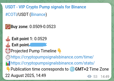 Trading signal verification: COTI pump from Binance, 22 August 2025, 16:15
