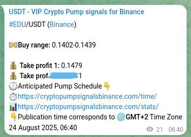 Real-time proof of EDU pump signal on Binance, 24 August 2025, 07:13