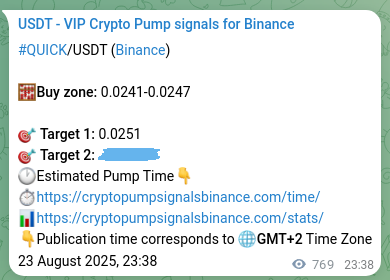 Trading signal verification: QUICK pump from Binance, 24 August 2025, 21:01