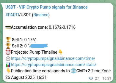 Confirm success ratio: PARTI trading signal achievement on Binance, 26 August 2025, 17:16 Outcome validation: PARTI trading signal results on Binance, 26 August 2025, 17:16