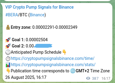 Pump evidence analysis: BERA signal delivery on Binance, 27 August 2025, 03:02 Trading evidence: BERA signal performance on Binance, 27 August 2025, 03:02