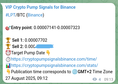 Crypto pump signal analytics for LPT on Binance, 27 August 2025, 09:19 Signal verification: LPT pump on Binance at 27 August 2025, 09:19