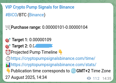 Signal documentation: Evidence of BICO pump on Binance, 27 August 2025, 17:41 Crypto pump signal proof: BICO on Binance, 27 August 2025, 17:41