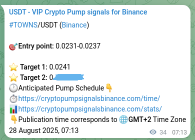Confirm the trading signal for TOWNS pump on Binance at 28 August 2025, 08:00 Trading signal confirmation: TOWNS pump on Binance at 28 August 2025, 08:00