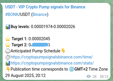 View the signal proof for BONK pump on Binance at 29 August 2025, 20:59 Signal proof for BONK pump on Binance at 29 August 2025, 20:59