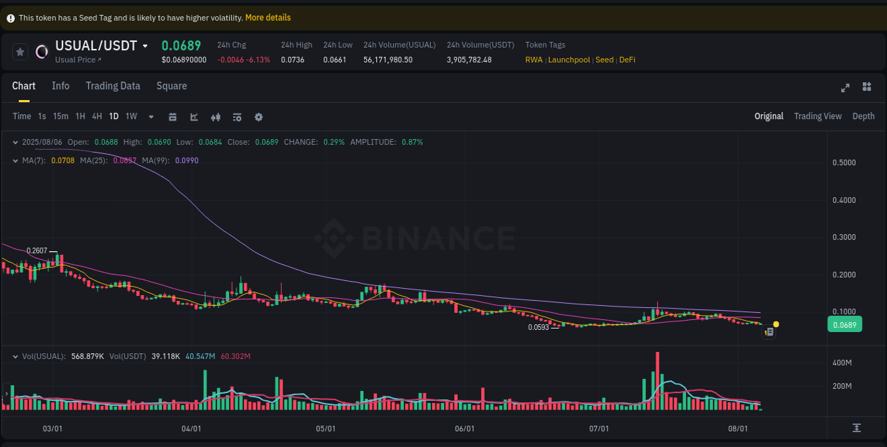 Discover the Binance pump data for USUAL at 06 August 2025, 02:31 Binance pump overview for USUAL, captured at 06 August 2025, 02:31