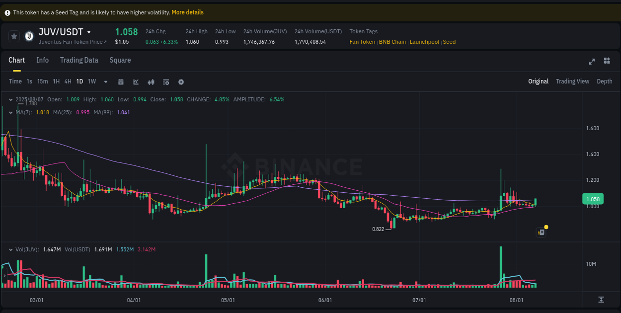 Track trading velocity: JUV momentum analysis on Binance, 07 August 2025, 22:04 Trading velocity: JUV momentum surge on Binance, 07 August 2025, 22:04
