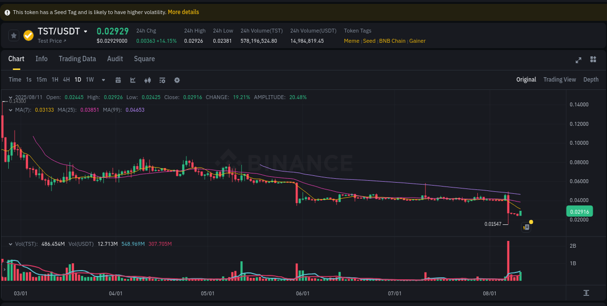 Understand the market analysis of TST pump on Binance at 11 August 2025, 20:38 Market trend analysis: TST pump on Binance at 11 August 2025, 20:38