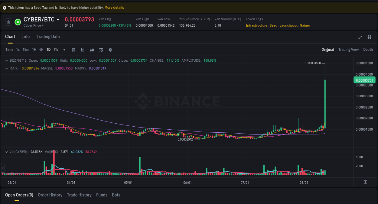 Trading velocity report: CYBER dynamics on Binance, 12 August 2025, 09:35 Market movement report: CYBER on Binance at 12 August 2025, 09:35