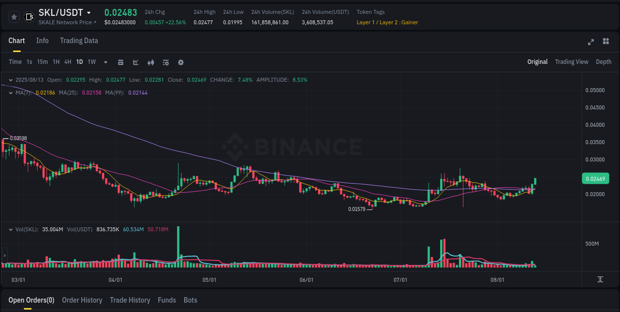 Market analysis: SKL pump on Binance at 13 August 2025, 02:25