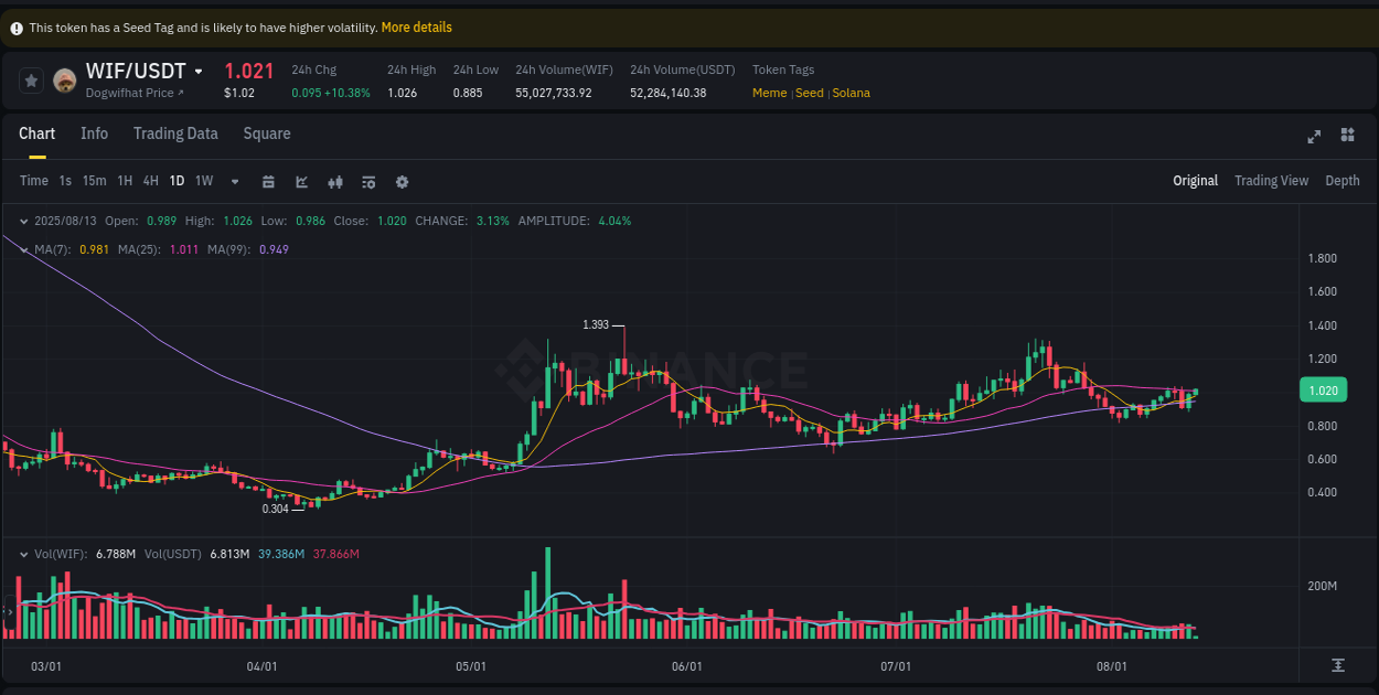 Binance trading data for WIF pump, 13 August 2025, 05:04