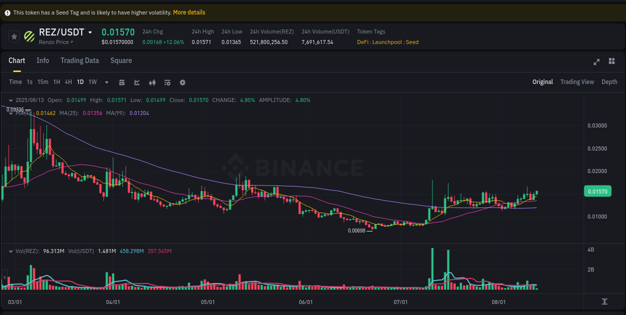 Binance exchange trading report for REZ, 13 August 2025, 05:56