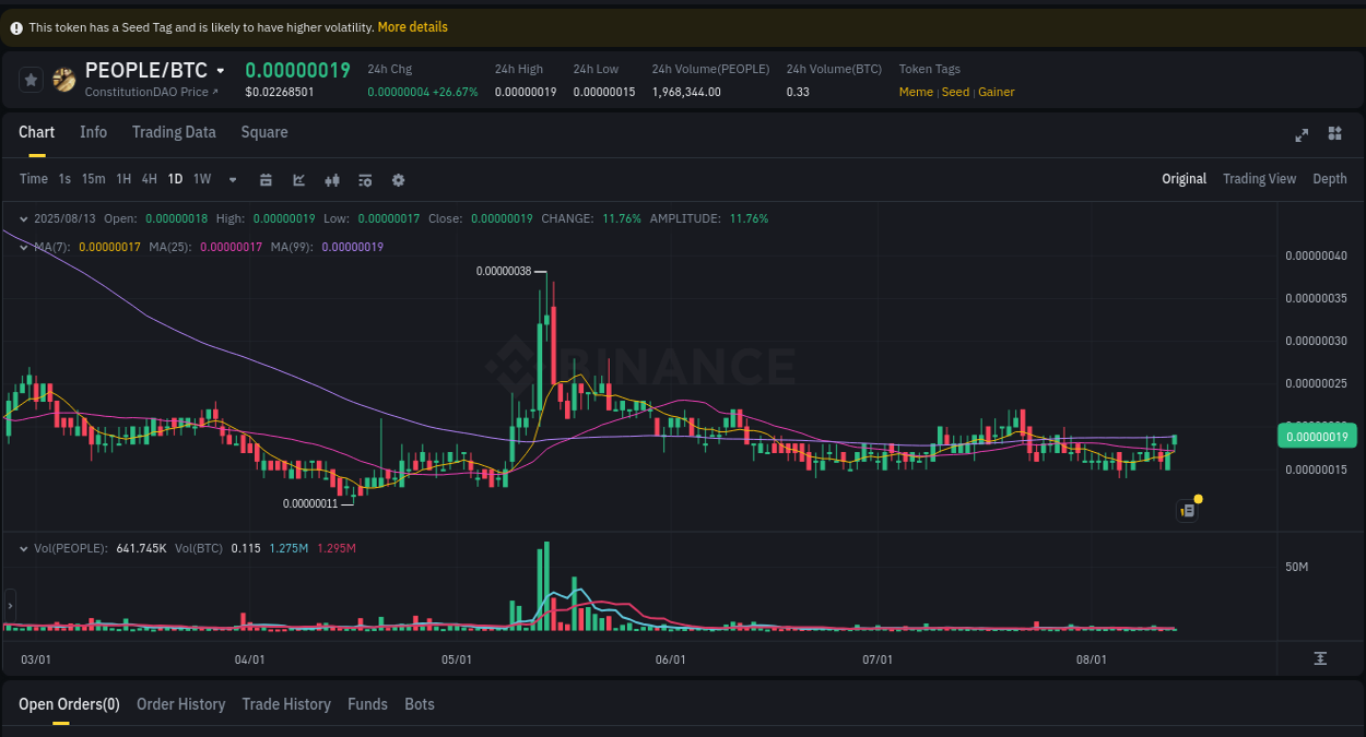 Session performance: PEOPLE pump review on Binance, 13 August 2025, 09:07 Crypto momentum report: PEOPLE surge on Binance, 13 August 2025, 09:07